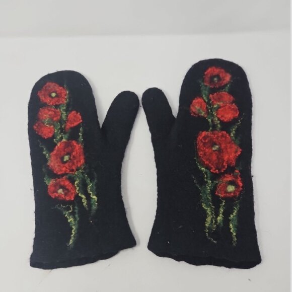 Handcrafted Handmade  Felted Wool Winter Mittens Black Red Flowers Scandinavian - Picture 1 of 4